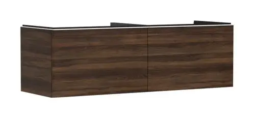 Waschtischunterschrank in Holzoptik mit zwei Schubkästen. Die Oberfläche ist glatt mit einem minimalistischen Design. Geeignet für die Nutzung mit Aufsatzwaschtischen von Hansgrohe.